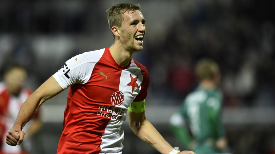 Tomáš Souček ze Slavie slaví gól proti Jablonci.