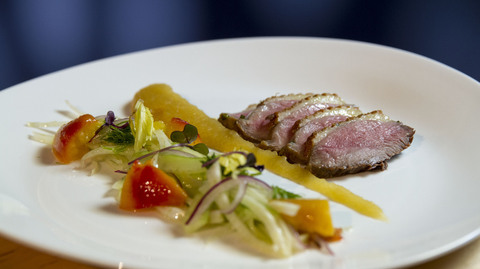 Marinovaná kachní prsa se zázvorovým salátkem, meruňkami a wasabi jablečným pyré