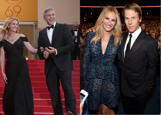 Na levé fotce je herečka s Georgem Clooneym a na pravé s manželem Danielem Moderem.