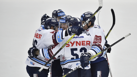 Hokejisté Liberce slaví vstřelený gól.