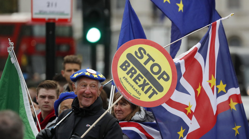 Britský lid protestující proti brexitu.