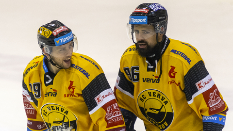 Zleva Tomáš Pavelka a Richard Jarůšek z Litvínova po skončení vítězného zápasu.