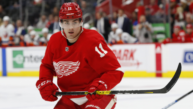 Český útočník Filip Zadina v dresu Detroitu.