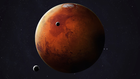 Planeta Mars se svými měsíci.