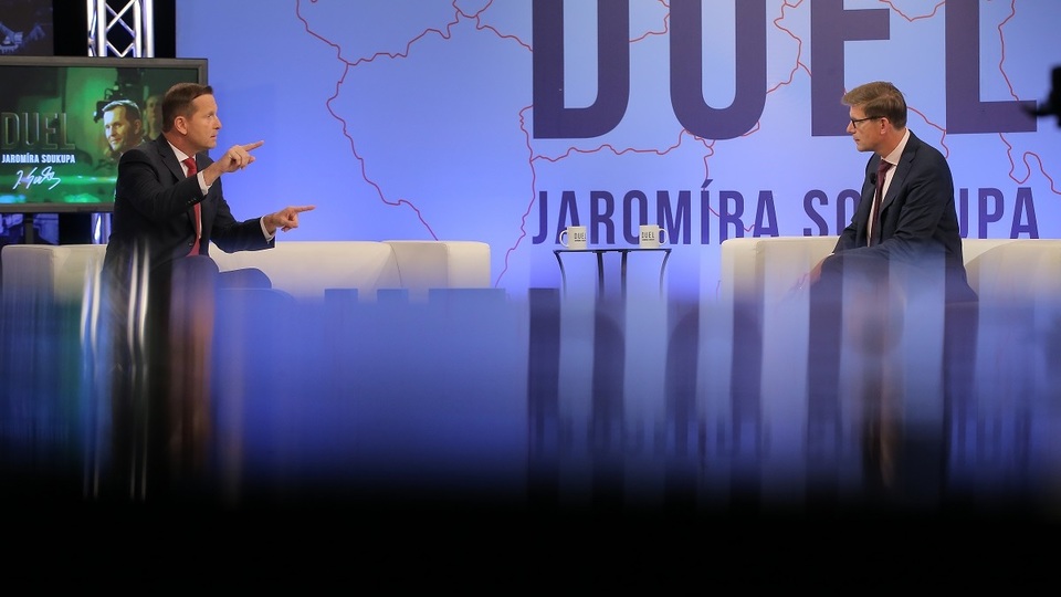 Moderátor pořadu Jaromír Soukup a místopředseda ODS Martin Kupka.