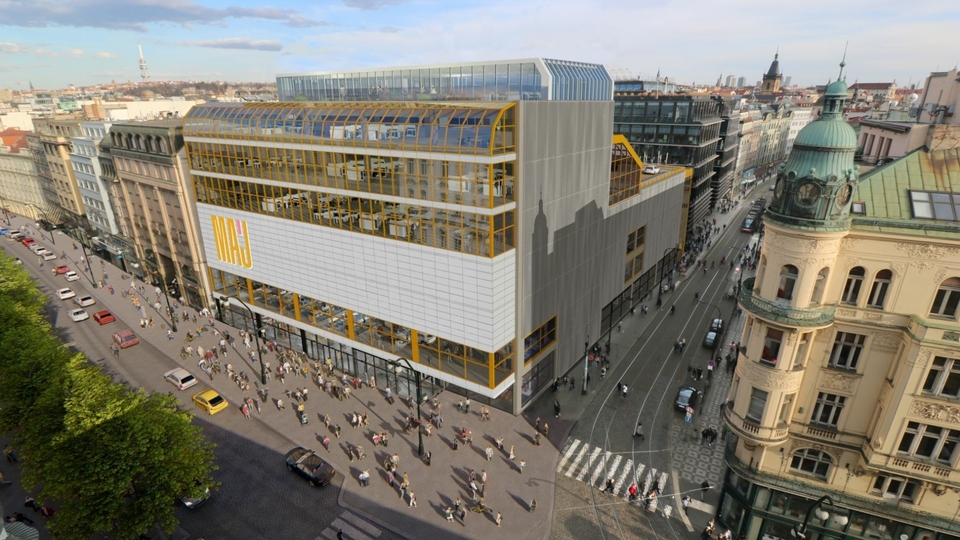 V červnu začne rekonstrukce obchodního domu Máj na pražské Národní třídě. Přestavba, která by měla zachovat vzhled budovy a obnovit některé vnitřní prvky, potrvá asi rok a půl a bude stát přes miliardu korun. Na vizualizaci je celkový pohled na budovu.