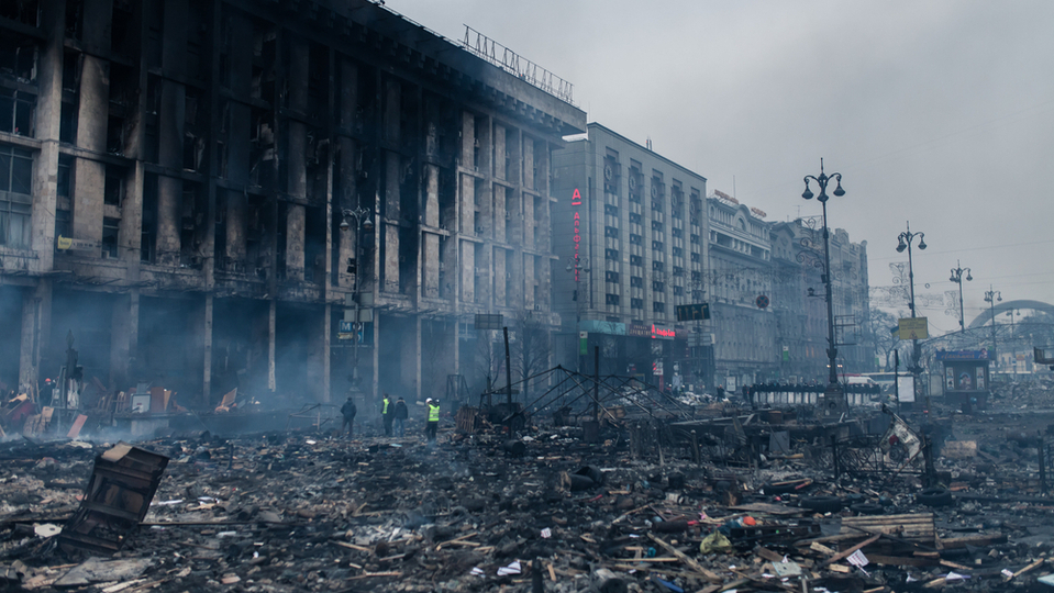 Následky války na Ukrajině, zničené město Kyjev.